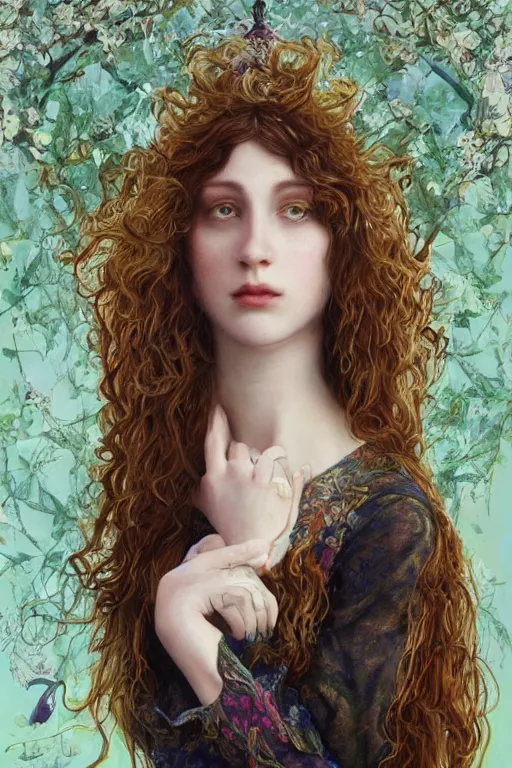 Image similar to An extremely beautiful pre-raphaelite portrait of a very beautiful and cute witch, surreal, ultradetailed, intricate, elegant, digital art painting, concept art, smooth, sharp focus, poster art, art cover illustration, regal, award winning picture, extremely detailed masterpiece, sense of awe, featured on artstation, Artgerm, effervescent punk kawaii-noir pastel bubbles, winning award piece, ethereal rainbows, Aetherpunk, low-key neon lightning, stormy weather, Exquisite details, 8K detail post-processing, matte, oil painting