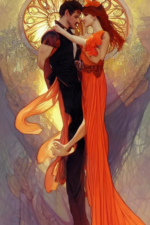 Image similar to man in orange shirt fastens beautiful dress of his spouse before going to exquisite gala art by artgerm and greg rutkowski and charlie bowater and magali villeneuve and alphonse mucha