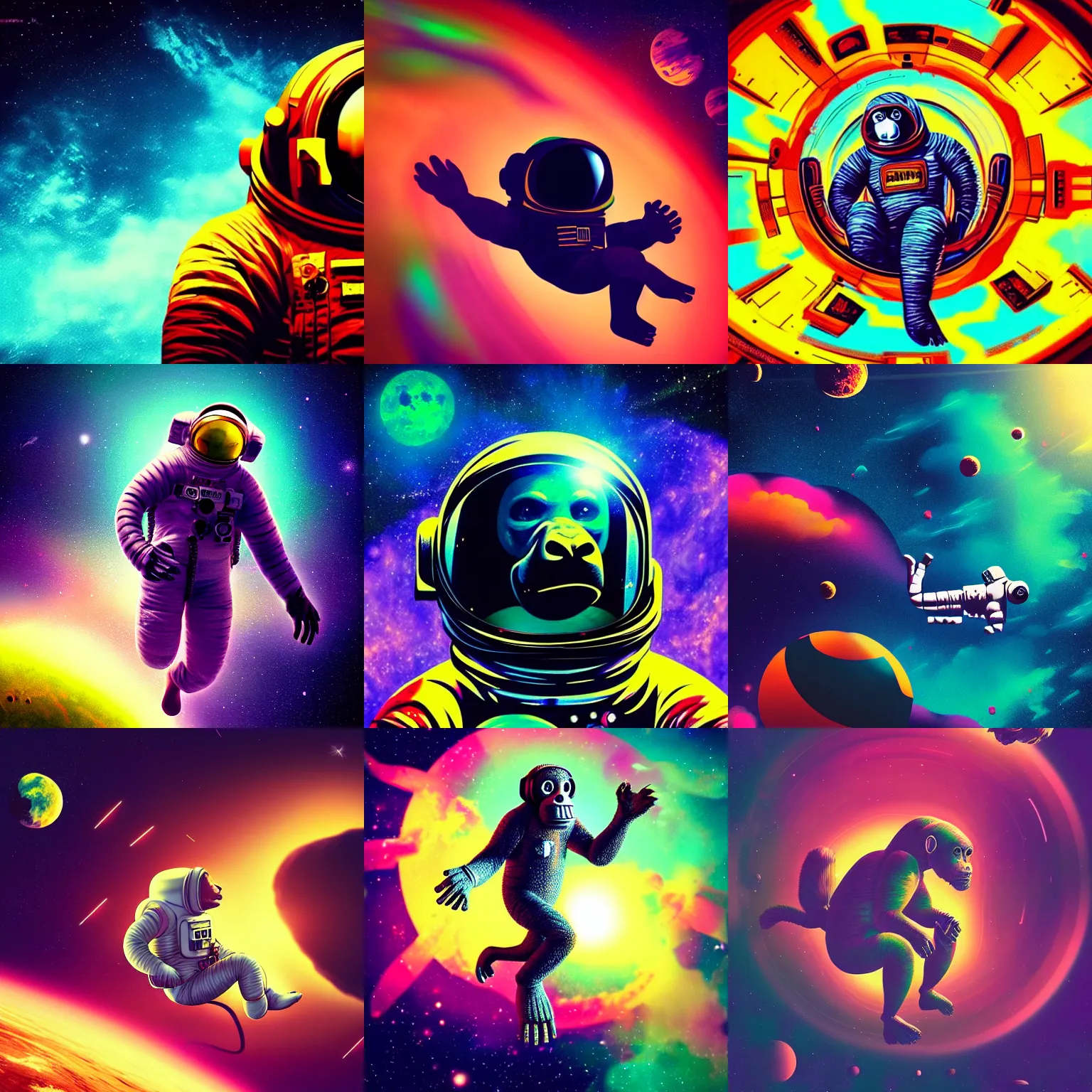 Prompt: Ape astronaut, floating through space, cinematic lighting, beautiful colors, psychedelic art