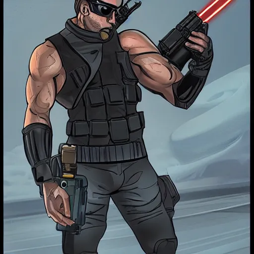 Image similar to muscular man, black vest with no shirt underneath, goggles around his neck, cargo pants, ammo belt, holding a blaster, star wars, long black hair in a ponytail, five o' clock shadow, comic book art, distance shot