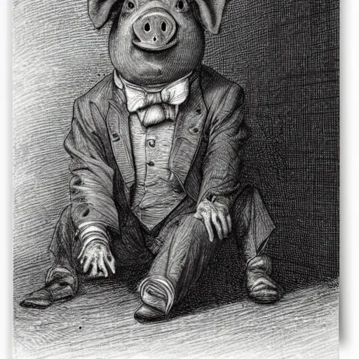 Image similar to a pig in a tuxedo, creepy atmosphere, dark, portrait, realistic portrait, close up, face, very realistic, illustration by Gustave Doré