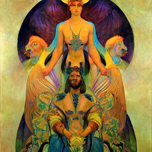 Prompt: coronation of the dawn, by Annie Swynnerton and Nicholas Roerich and Diego Rivera, bioluminescent skin, feather tattoos, elaborate costume, geometric ornament, symbolist, soft colors, smooth, sharp focus, extremely detailed