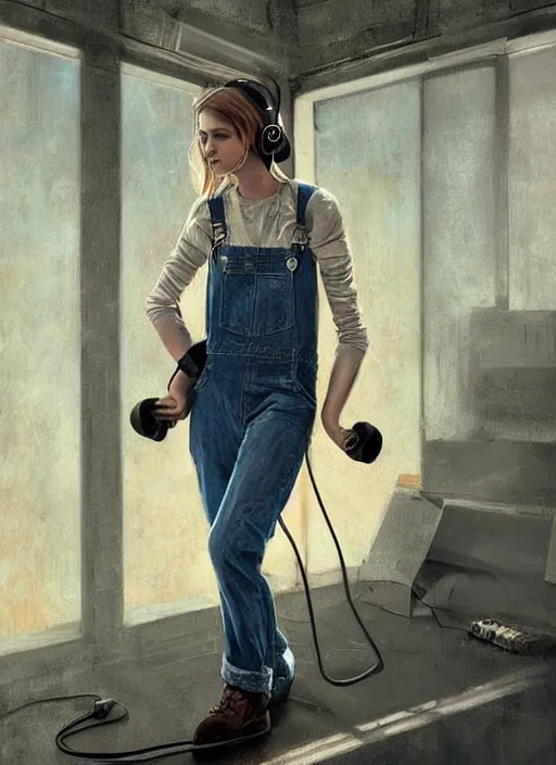 Image similar to digital _ painting _ of _ girl with headphones, overalls, combat boots _ by _ filipe _ pagliuso _ and _ justin _ gerard _ symmetric _ fantasy _ highly _ detailed _ realistic _ intricate _ port