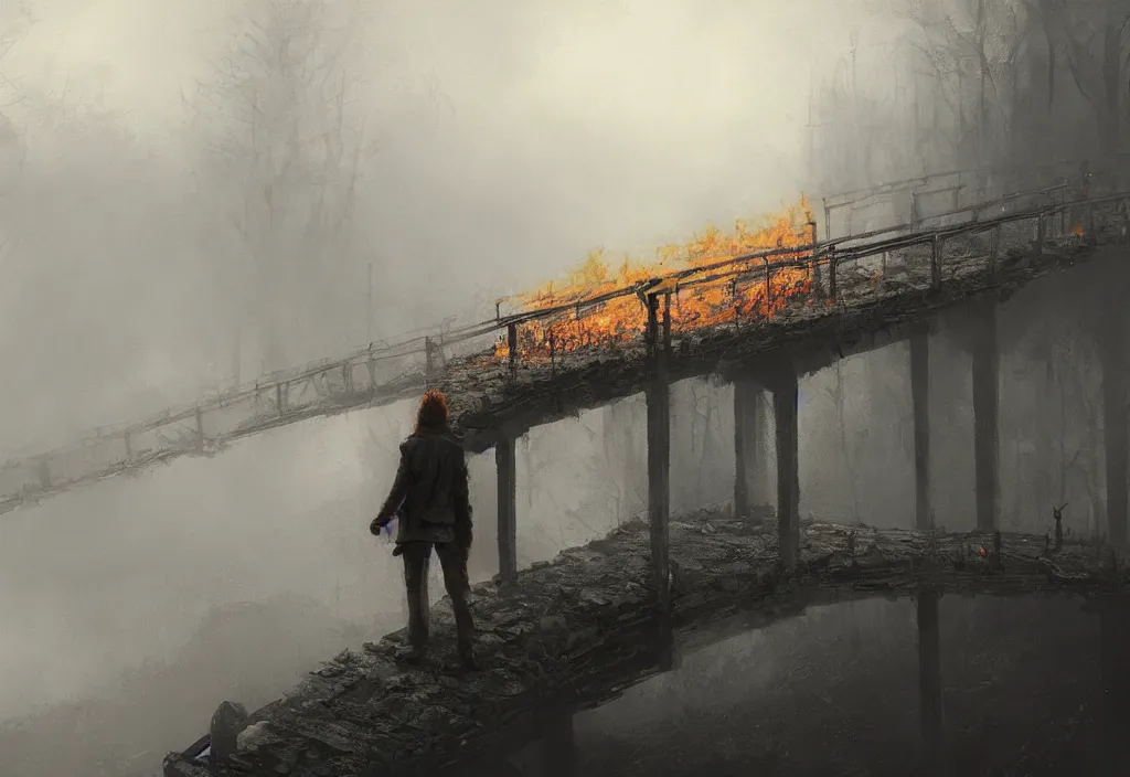 Image similar to a man standing on a burning bridge, artstation, jakub rozalski, high detail, dramatic lighting, night, fog