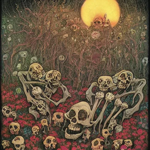 Prompt: Baba Yaga's garden of death flowers, blooming skulls, lushing bones. Painted by Shaun Tan and Ivan Bilibin