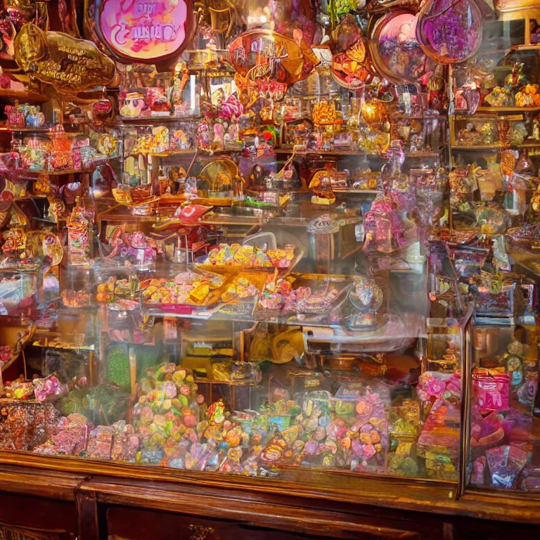 Prompt: Inside a magical old fashioned sweet shop, fantasy vendor interior, wide angle, cinematic shot, highly detailed, cinematic lighting , photo-realistic, colorful