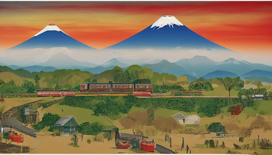 Image similar to award winning graphic design poster, cutouts constructing an contemporary art depicting a lone mount fuji and hills, rural splendor, and bullet train, isolated on white, and bountiful crafts, local foods, mixed media painting by Leslie David