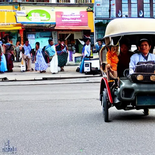 Prompt: a flying tuk tuk