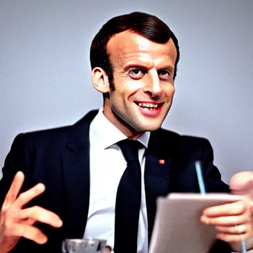 Prompt: Emmanuel Macron vicious smile in American Psycho (1999)