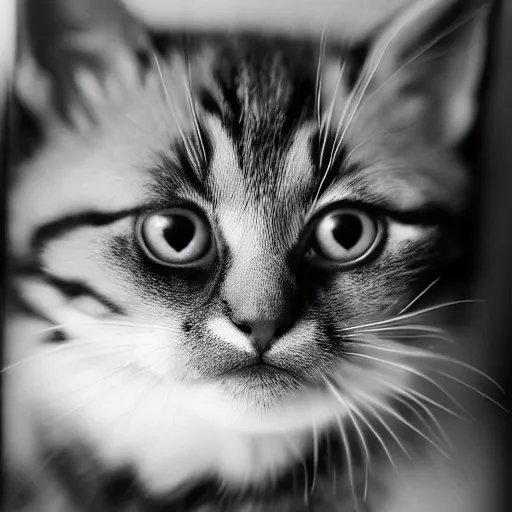 Prompt: a portrait photo of a cute kitten wearing a tuxedo by edward weston, auto graflex, 2 1 0 mm ƒ / 6 4 zeiss tessar, agfa isopan iso 2 5, pepper no. 3 5, 1 9 3 0, high quality photo, highly detailed, studio lighting, fine - art photography, tack sharp