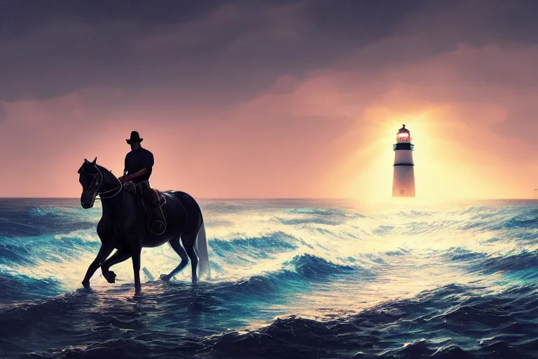 Image similar to photo of man riding a horse along the beach, glowing underwater waves toward a lighthouse in the distance guiding his way, silhouette, wide horizon, large white clouds, night, intricate, elegant, highly detailed, digital painting, artstation, concept art, smooth, sharp focus, illustration, art by artgerm and greg rutkowski and fra angelico