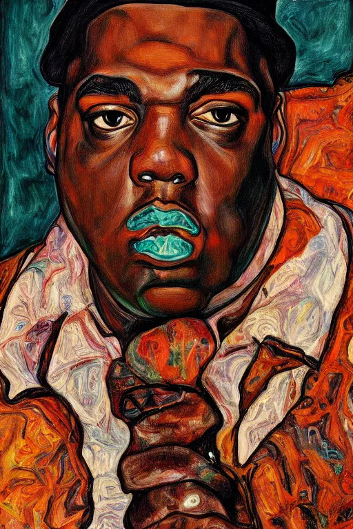 Image similar to a portrait of biggie small in style of egon schiele, masterpiece, hyperdetailed, complex, intricate, 4 k, trending on artstation