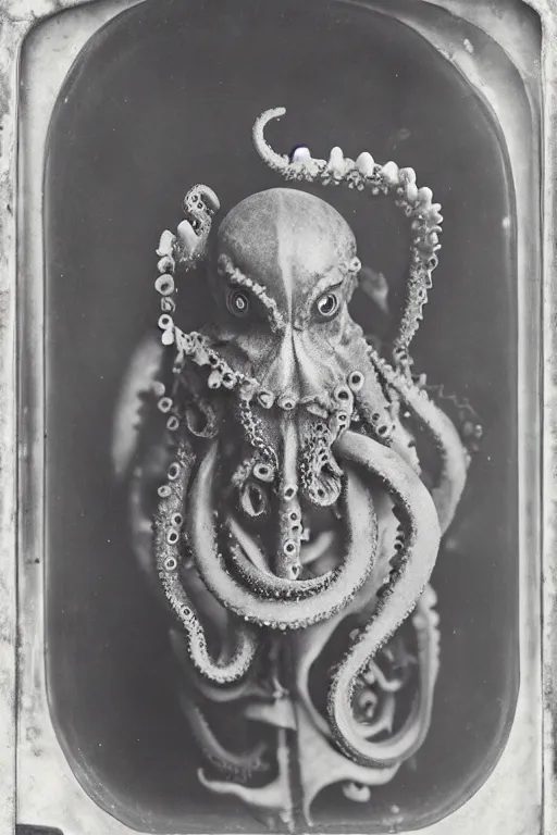 Prompt: a wet plate photo of an anthropomorphic octopus as pope