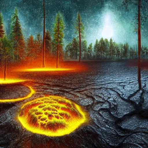 Prompt: a scene from another planet with trees made out of water and with cold lava lakes at the edge of the universe, high resolution photo, hyperrealistic art by jason de graaf, wide angle, digital painting, meadow-like scenery, 4K, HDR