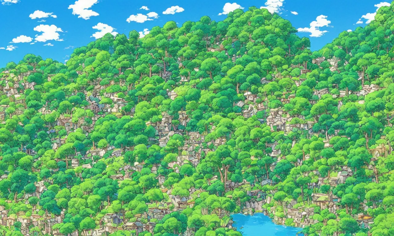 Image similar to a village down the mountain, river across the painting, blue sky, summer, green, sunshine, trees, by studio ghibli and hayao miyazaki