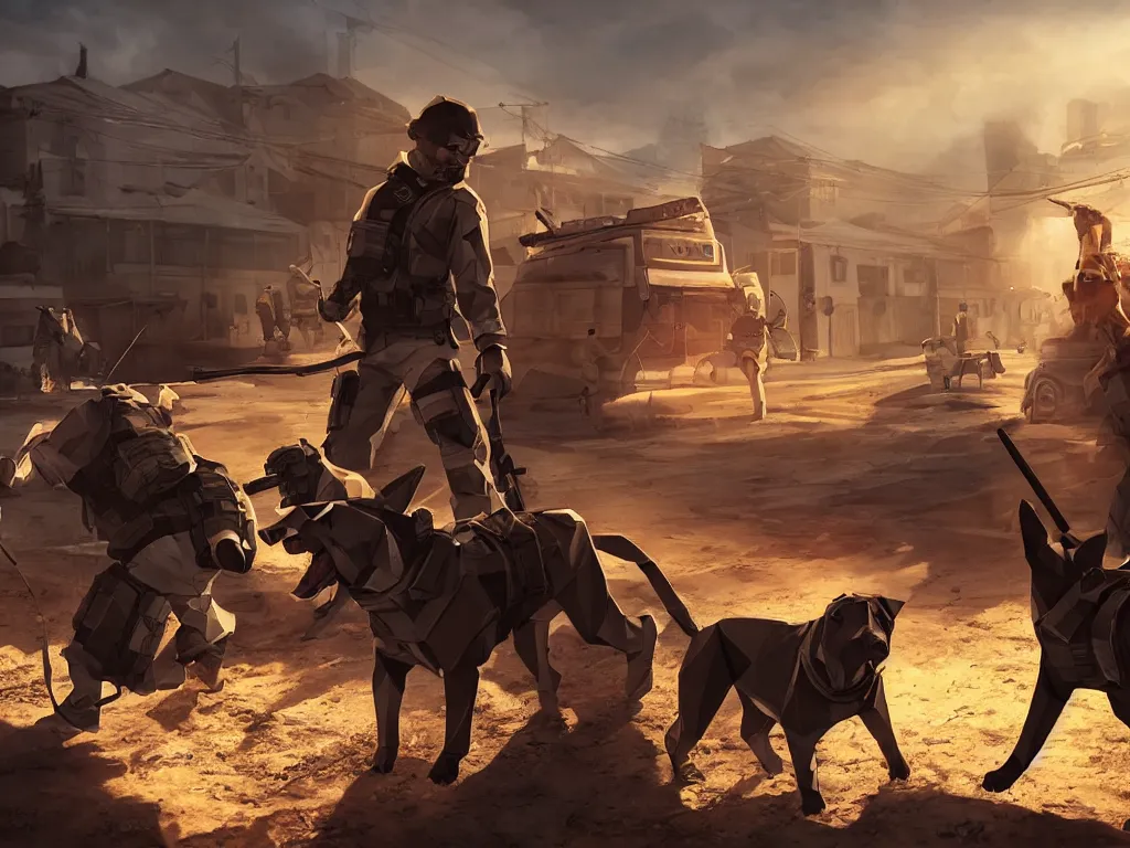 Prompt: dogs in standoff fighting humans, 3rd person shooter, unreal engine, low poly stylised, featured on art station, colourful dramatic lighting