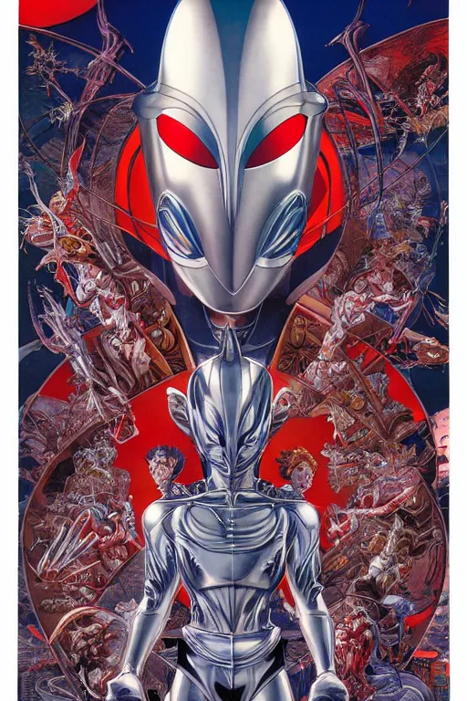 Image similar to posterof ultraman, symmetrical, by yoichi hatakenaka, masamune shirow, josan gonzales and dan mumford, deayami kojima, takato yamamoto, barclay shaw, karol bak, yukito kishiro