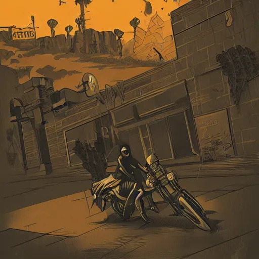 Prompt: a comic noir illustration of a hot tattood women riding a motorcycle through a post-apocalyptic desert by Queens of the Stone Age and sachin teng, dark vibes, street art, cinematic, high contrast, depth of field