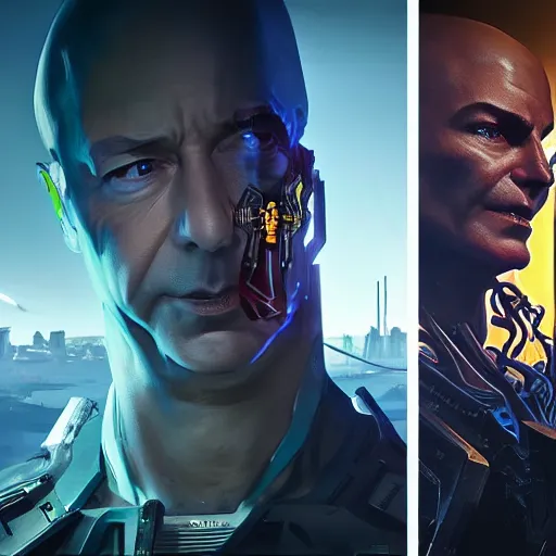 Prompt: front view, mean laughing, imposing, ominous portrait of Jeff Bezos as a cyberpunk 2077 loading screen, symmetry, front view, intricate, studio, art by anthony macbain + greg rutkowski + alphonse mucha, concept art, 4k, sharp focus