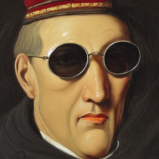 Prompt: oil painting of a medieval count wearing sunglasses, superb resolution