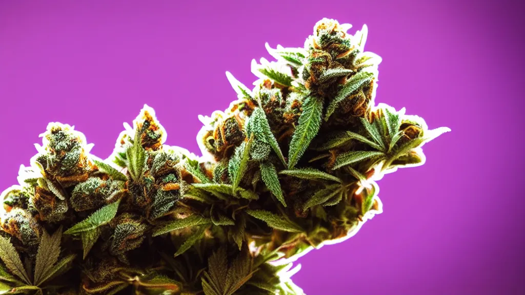 Prompt: marijuana plant, photography, double - exposure, frosty purple good quality nugs, photo taken inside of grow tent