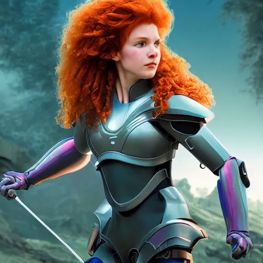 Image similar to high detailed close up of, energetic female cyborg Disney princess Merida, wearing futuristic cybernetic battle armor, balance composition, dramatic lighting, 8k, painted by Alex Ross