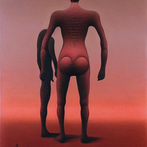 Prompt: i - robot as a zdzisław beksinski painting, surreal, godlike, red shading