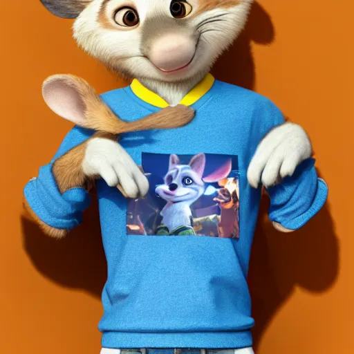 Image similar to 3 d render, portrait, mid shot, anthropomorphic mouse, female, blond fur, blue eyes, wearing denim short shorts and a off yellow tank top shirt, solo, in the style of zootopia