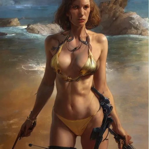 Image similar to highly detailed portrait of a female james bond, d & d. wearing a bikini, art by donato giancola, eugene delacroix, ruan jia, carl larsson, peter mohrbacher. trending on artstation, intricate details, energetic composition, golden ratio, concept art, illustration, elegant art, global illuminaition