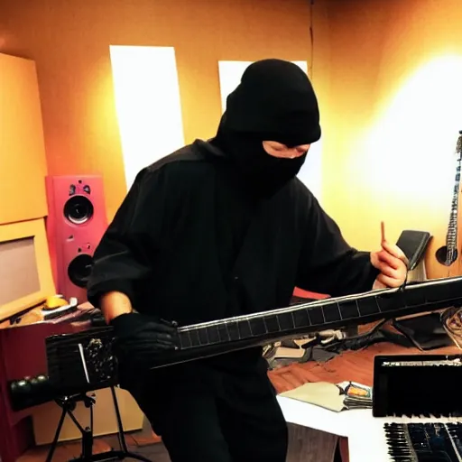 Image similar to photo of a drunk ninja in a music studio