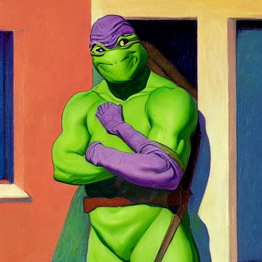 Image similar to donatello from the teenage mutant ninja turtles in a painting by edward hopper, friendly