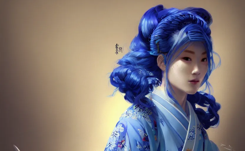 Image similar to a painting of a beautiful blue haired japanese woman in a kimono trending on artstation in the style of greg rutkowski