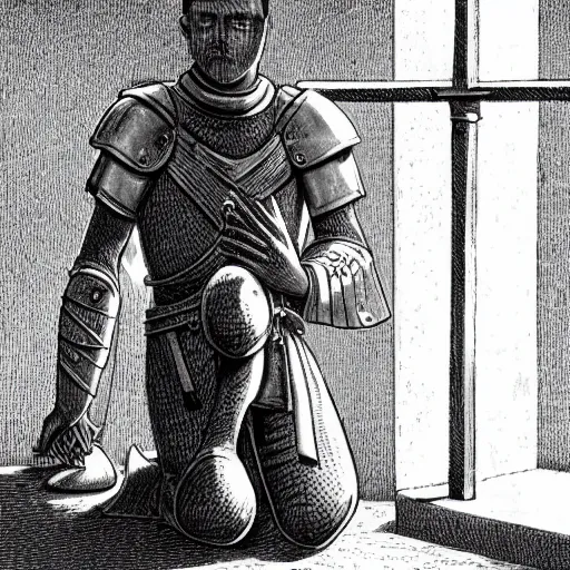 Prompt: A pale young man stands kneeling inside a prison cell. Clad in shining armor he kneels and prays to a God others would have long abandoned. Sunshine lightly grazes his cheeks as he prays, his broken spear used as a cross to focus on. The knight's expression is sad, pensive, but resolute, decisive and stubborn.