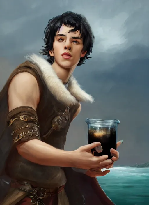 Prompt: young slim man, short black hair, pale, holding a tankard of ale, digital art, pathfinder, d & d, detailed, realistic, trending on artstation, sea in the background
