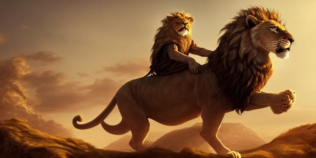 Image similar to a man riding a lion : : a hooded wise old man ( long white beard wearing a brown hooded tunic ) riding a lion, majestic, epic digital art, cinematic, trending on artstation, superb detail 8 k, wide - angle, masterpiece