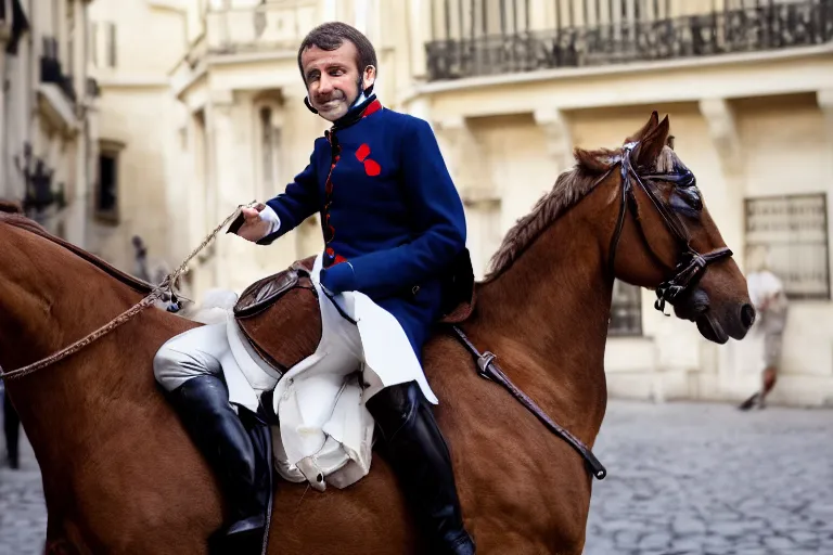 Prompt: closeup portrait of emmanuel macron dressed as napoleon riding a tiny horse in a paris street, natural light, sharp, detailed face, magazine, press, photo, steve mccurry, david lazar, canon, nikon, focus