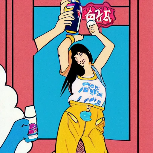 Image similar to y 2 k aesthetic japanese pop - culture magazine illustration, girl in tank - top and denim jump suit holding a can of soda near her smiling face