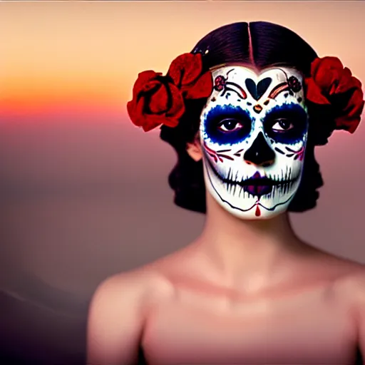 Image similar to photographic portrait of a stunningly beautiful renaissance day of the dead female in soft dreamy light at sunset, contemporary fashion shoot, by edward robert hughes, annie leibovitz and steve mccurry, david lazar, jimmy nelsson, breathtaking, 8 k resolution, extremely detailed, beautiful, establishing shot, artistic, hyperrealistic, beautiful face, octane render