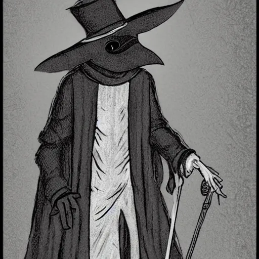 Prompt: Plague doctor with traditional beak mask and with her cane in hand