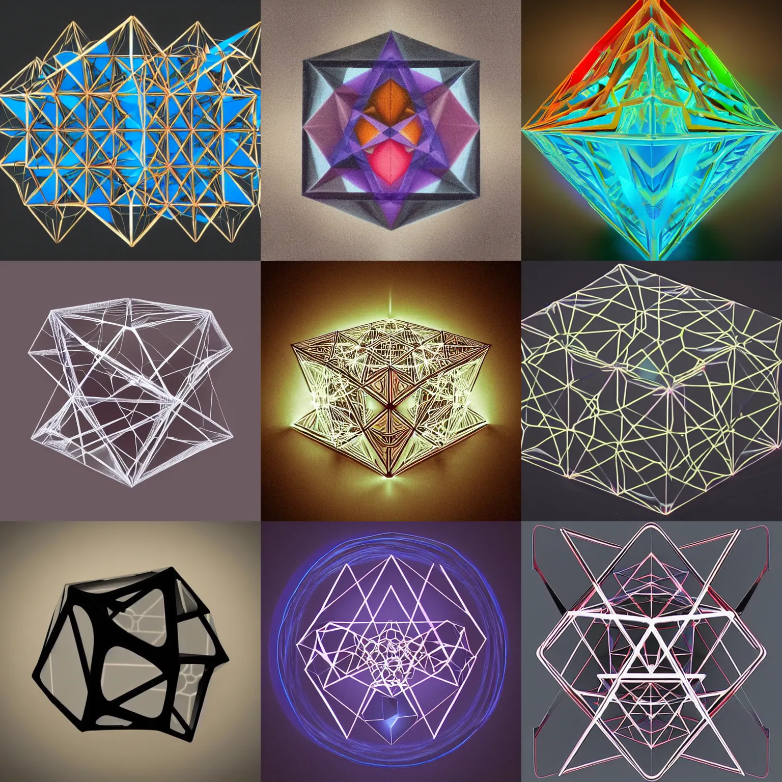 Prompt: multi dimension tesseract hybrids with impossible non Euclidian geometry representing the human soul in the style of adam gray