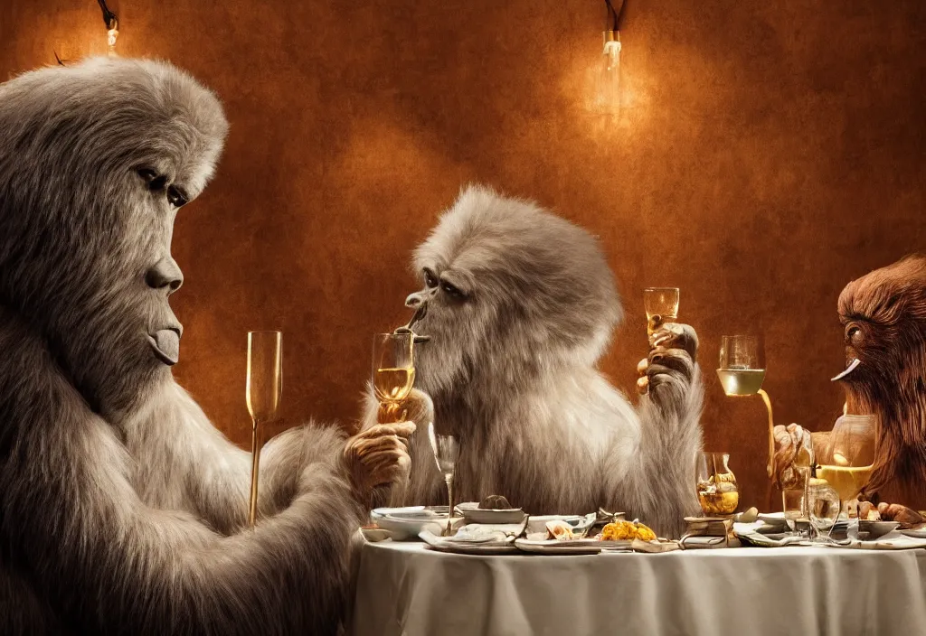 Image similar to accidentally wes anderson award - winning photograph of yeti and bigfoot eating lung in paris restaurant, accidental renaissance, golden ratio, fibonacci composition, 4 k, detailed, art by greg rutkowsky, trending on artstation, cinematic lighting, filmic grain, golden hour, detailed, 4 k