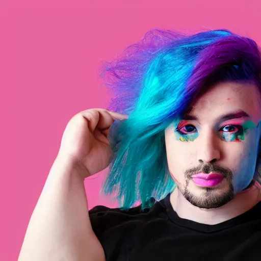 Prompt: a portrait of a queer man with rainbow hair and painted nails