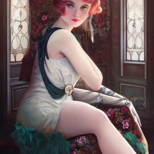 Image similar to 1920s girl ready for fancy afternoon tea with friends, highly detailed, digital painting, cgsociety, concept art, sharp focus, illustration, art by artgerm and greg rutkowski and alphonse mucha