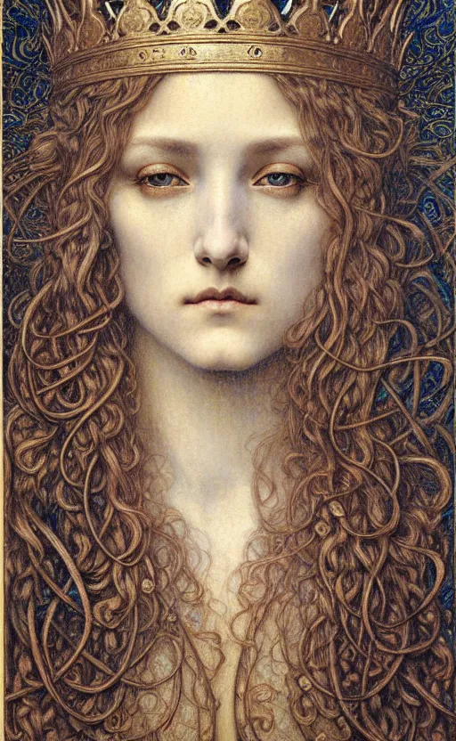 Image similar to detailed realistic beautiful young medieval queen face portrait by jean delville, gustave dore and marco mazzoni, art nouveau, symbolist, visionary, gothic, pre - raphaelite. horizontal symmetry