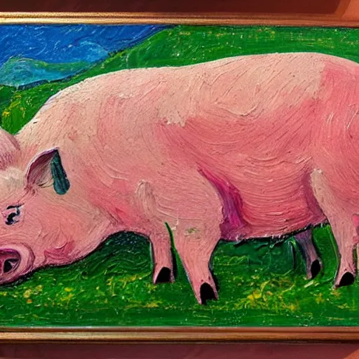 Prompt: a large pig painted in a style of painting similar to Van Gogh but more impasto and less hatching