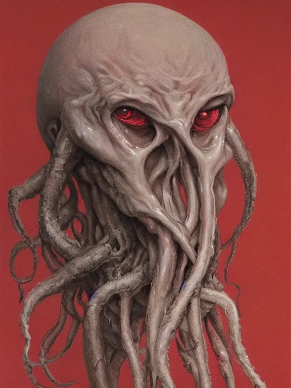 Image similar to painting by wayne barlowe of a flying sorrowful looking severed human head with tears running down it's eyes, face that is chalk white in color, with long sprawling white tentacles stemming down it's neck, fiery scorching red eyes, flying in a terrying hellish dark cavernous place