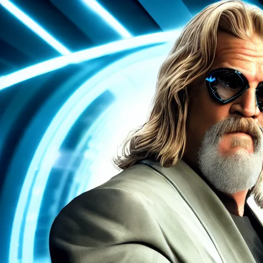 Prompt: dude lebowski played by jeff bridges ( accurate facial proportions ), in tron world, photorealistic movie still, detailed 8 k, poster style, high resolution