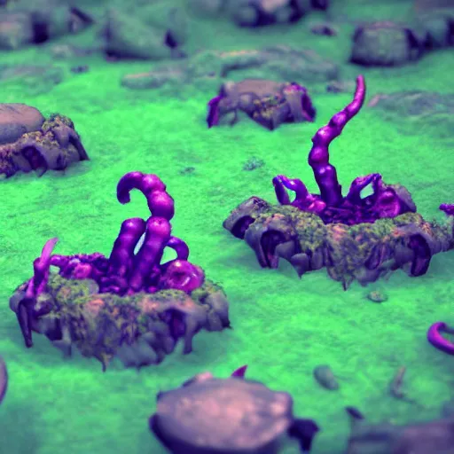 Image similar to voidless of the festival!, The Graveyard, blood moon tentacles!!, large group of crabs and worms, crawling along a bed of moss, low poly, creeper world, handcrafted, artstation, hyperrealistic, hard light, best practices, creeptastic, photorealism, macro perspective, cuddly