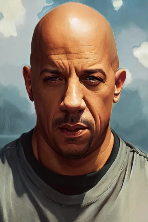 Image similar to vin diesel as walter white, realistic portrait, symmetrical, highly detailed, digital painting, artstation, concept art, smooth, sharp focus, illustration, cinematic lighting, art by artgerm and greg rutkowski and alphonse mucha