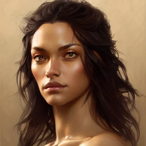 Image similar to beautiful, strong, mixed race, female, aged 4 0, face, head shot, fantasy, highly detailed, digital painting, artstation, concept art, smooth, sharp focus, illustration, art by artgerm and greg rutkowski and alphonse mucha